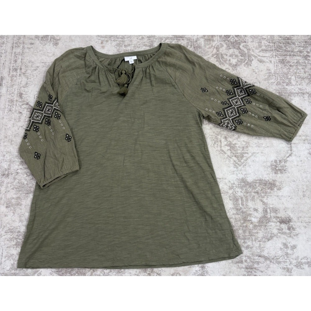J.Jill Large Peasant Blouse Olive Green 100% Cotton Tassel Tie Shirt